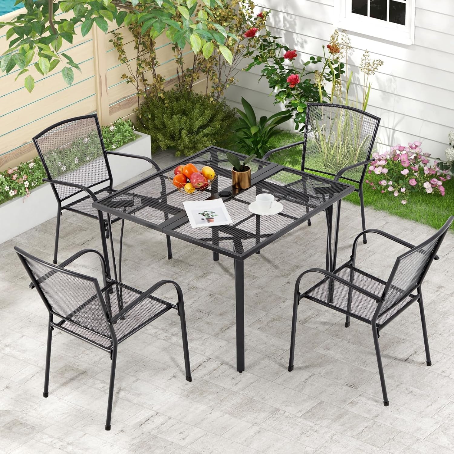 AECOJOY39.4 Outdoor Patio Dining Table and Chairs Set for 4, Square Metal Patio Table with 1.6' Umbrella Hole, All-Weather Resistant Outdoor Furniture Table Set for Patio, Backyard, Garden, Poolside