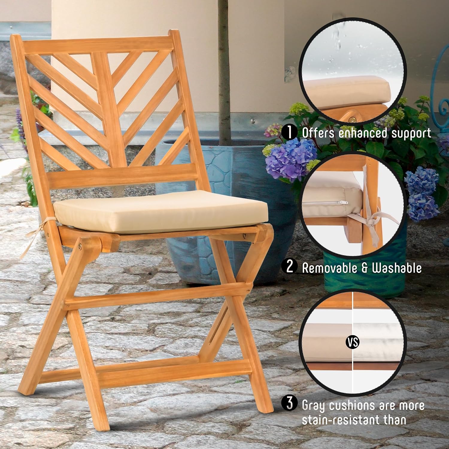 Werph 3-Piece Acacia Wood Patio Set, Foldable Bistro Table and Chairs Set of 2, Small Patio Furniture Set with Cushions, Folding Balcony Chairs Table Set for Apartment, Balcony, Deck or Porch
