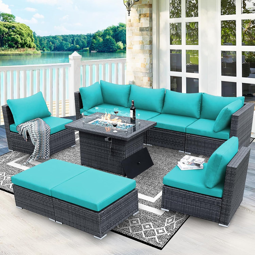 BULEXYARD 9 Pcs Highback Patio Furniture Set with Firepit, High-End Outdoor Sectional Couch with Ottoman 8-Seats, Cozy Comfy Wide Deep Deck Seating Group Conversation, Grey Rattan & Turquoise Cushion