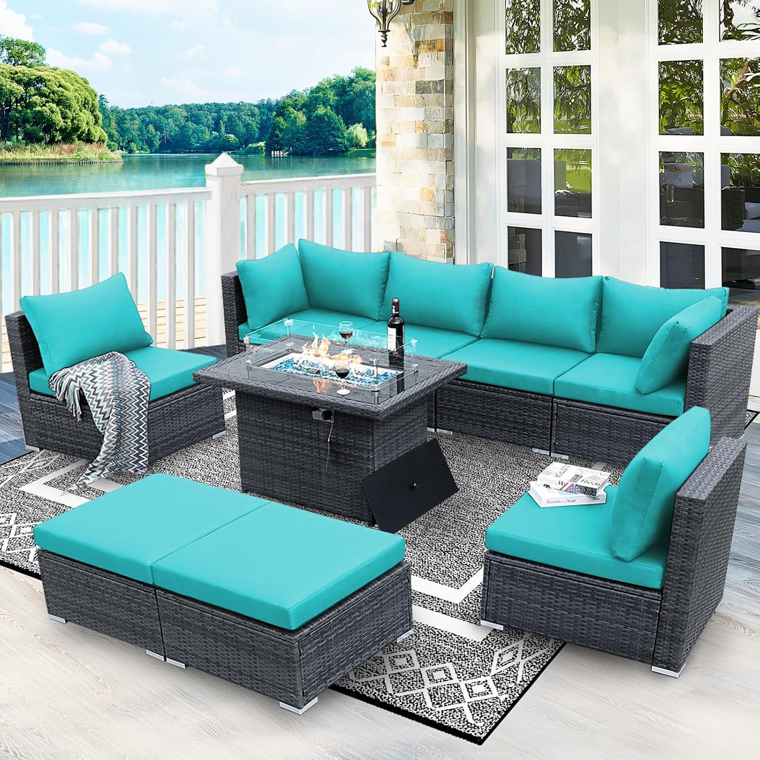 BULEXYARD 9 Pcs Highback Patio Furniture Set with Firepit, High-End Outdoor Sectional Couch with Ottoman 8-Seats, Cozy Comfy Wide Deep Deck Seating Group Conversation, Grey Rattan & Turquoise Cushion