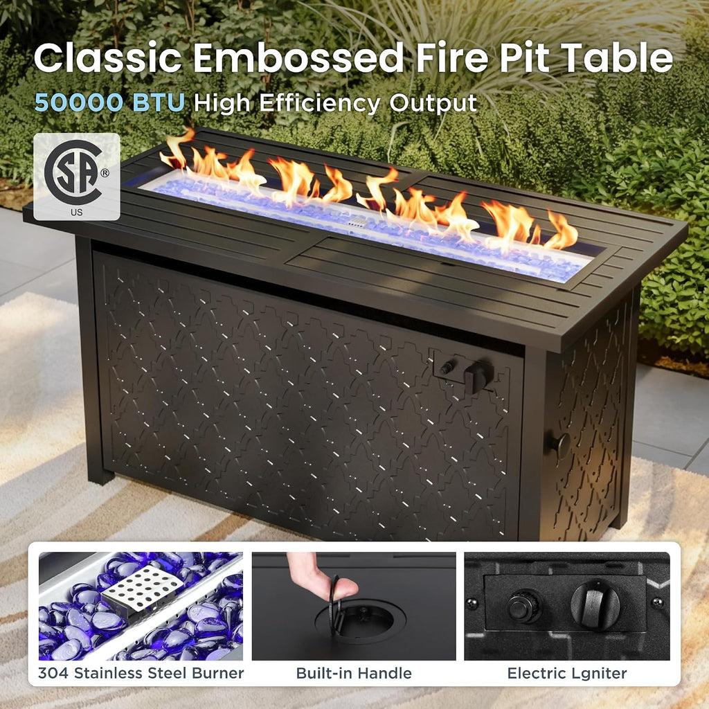 PHI VILLA 4 PCS Patio Furniture with FirePit Table, Outdoor Furniture Set with 1 x 45' Metal Firepit Table, 1 x 3 Seater Cushioned Deep Seating Bench & 2 x Swivel Sofa Chairs