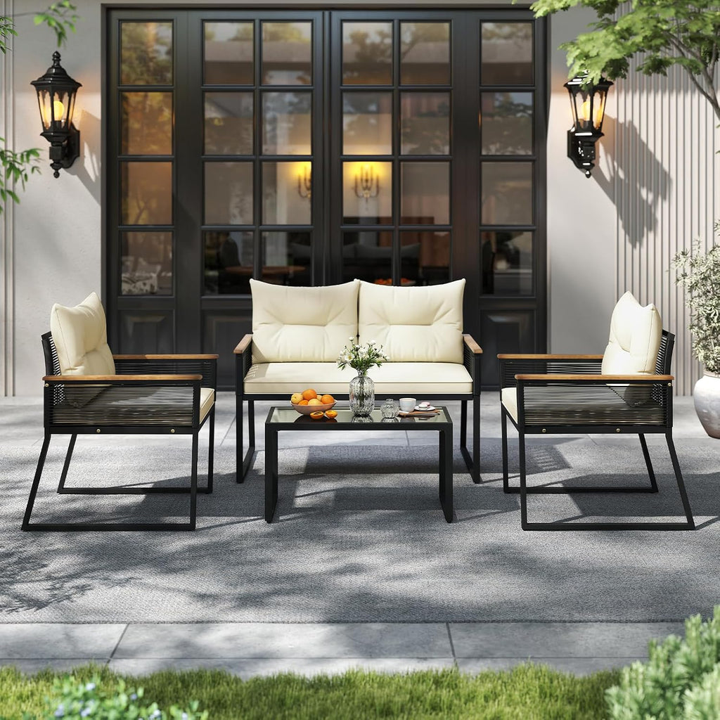 Tangkula 4 Pieces Patio Wicker Furniture Set, Heavy Duty Outdoor Cushioned Conversation Set with Tempered Glass Coffee Table, for Garden, Yard and Poolside (Off White,2)