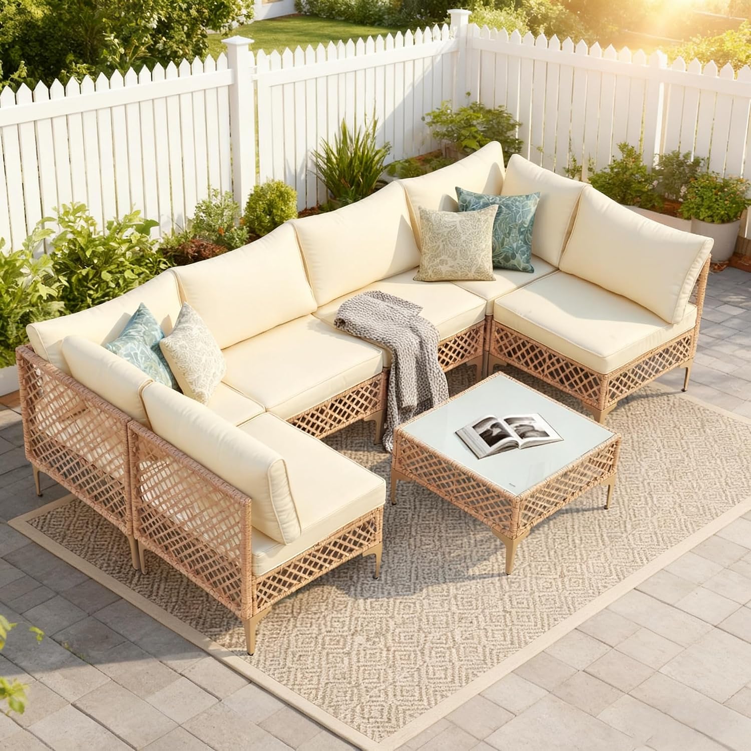 PORWEY 7 Piece Patio Furniture Set, Outdoor Wicker Sectional Conversation Set with Water Resistant Thick Cushions & Tempered Glass Coffee Table for Backyard, Porch, Yellow/Beige