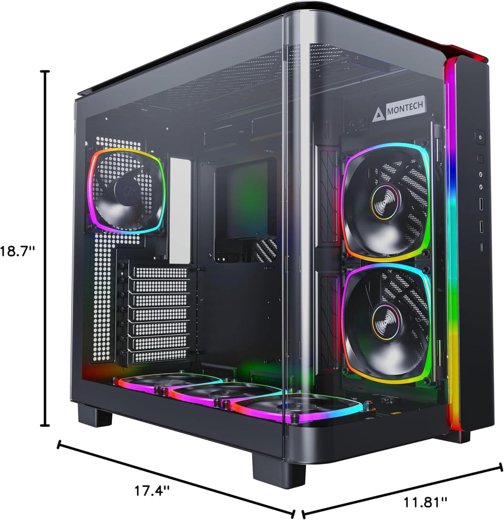 MONTECH King 95 PRO Dual-Chamber ATX Mid-Tower PC Gaming Case, High-Airflow, Toolless Panels, Sturdy Curved Tempered Glass Front, 6 ARGB PWM Fan Pre-Installed with Fan Hub, Black