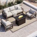UDPATIO Aluminum Patio Furniture Set, Faux Wood Grain Modern Outdoor Furniture, 6' Cushions Metal Patio Conversation Sofa with Fire Table for Poolside Deck, 6 PCS, Beige(Include 600D Covers)
