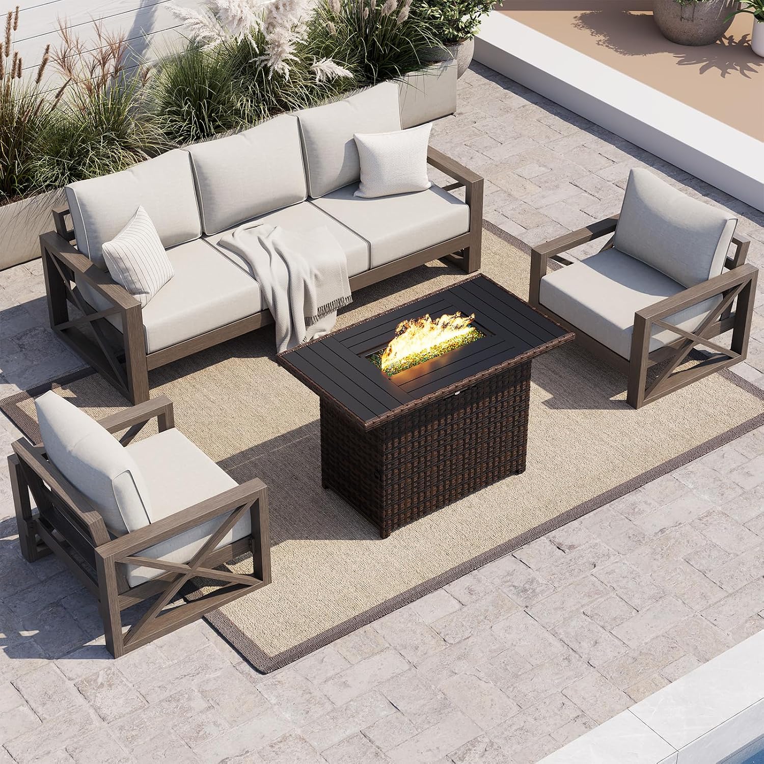UDPATIO Aluminum Patio Furniture Set, Faux Wood Grain Modern Outdoor Furniture, 6' Cushions Metal Patio Conversation Sofa with Fire Table for Poolside Deck, 6 PCS, Beige(Include 600D Covers)