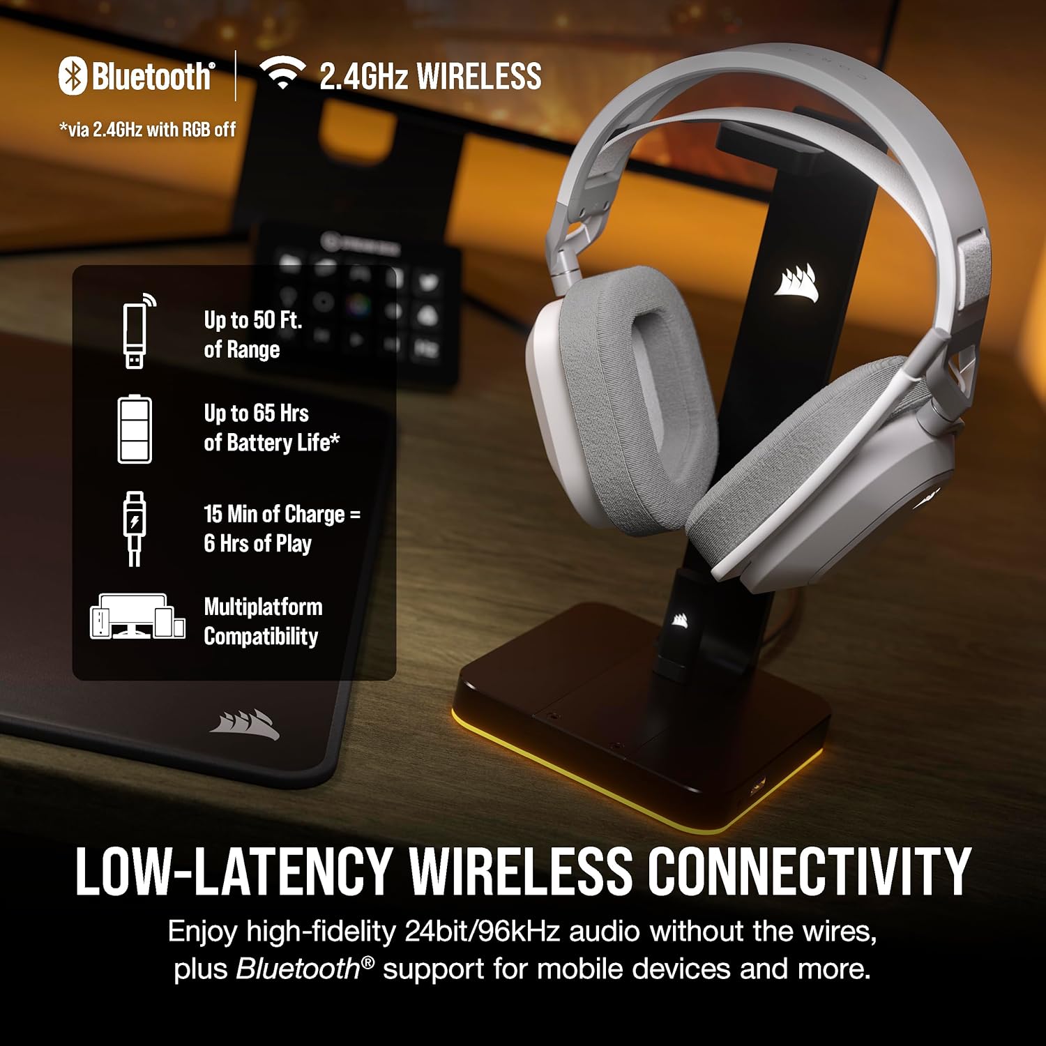 Corsair HS80 MAX Wireless 2.4GHz Bluetooth Gaming Headset – Low Latency, Dolby Atmos, SonarWorks SoundID, Broadcast Quality Microphone, High Battery Life – PC, Mac, PS5, PS4, Mobile – White