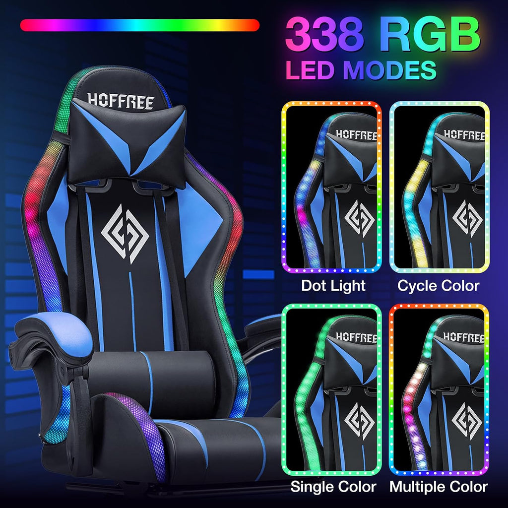 HOFFREE Gaming Chair with LED RGB Lights with Massage and Footrest Ergonomic Computer Chair High Back Video Game Chair with Adjustable Lumbar Support Linkage Armrest Blue and Black