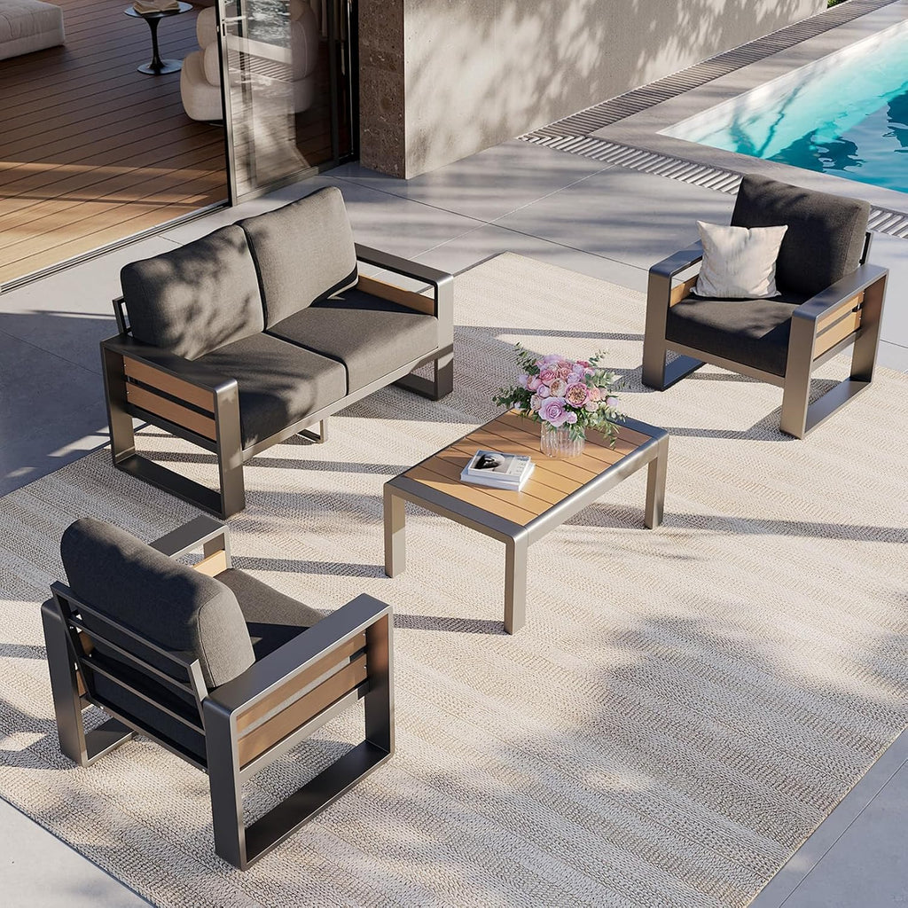 Aoxun Aluminum Patio Furniture Set, 4 Seats Sectional Metal Patio Furniture with Coffee Table, Thick Cushions and Waterproof Cover, Modern Outside Sectional Set for Backyard/Garden/Poolside, Dark Grey