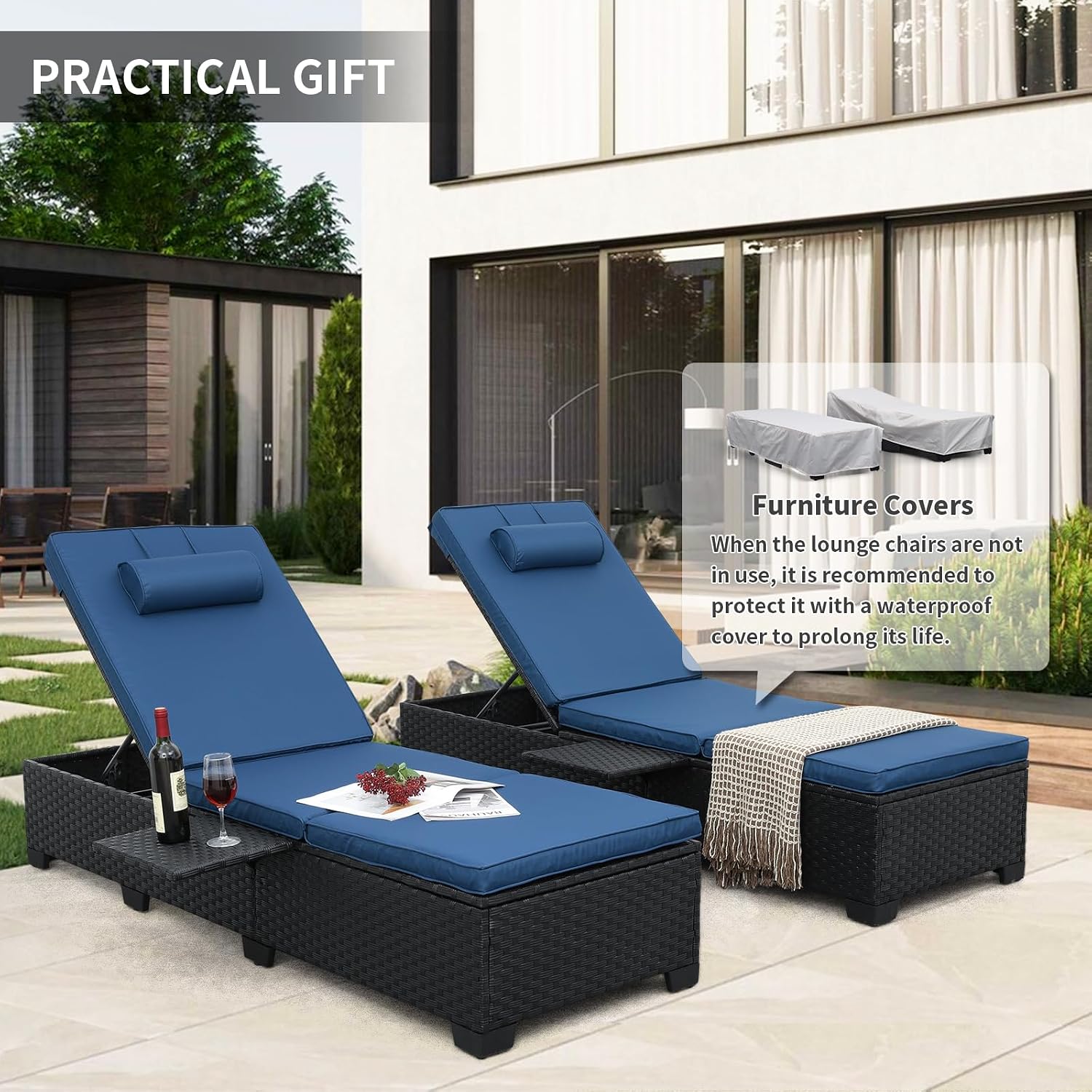 WAROOM Outdoor Chaise Lounge Chairs for Outside Patio Furniture Set of 2 Wicker Recliner Black Rattan Sunbathing Lounger Adjustable Backrest Pool Reclining Chair, Navy Blue Cushion