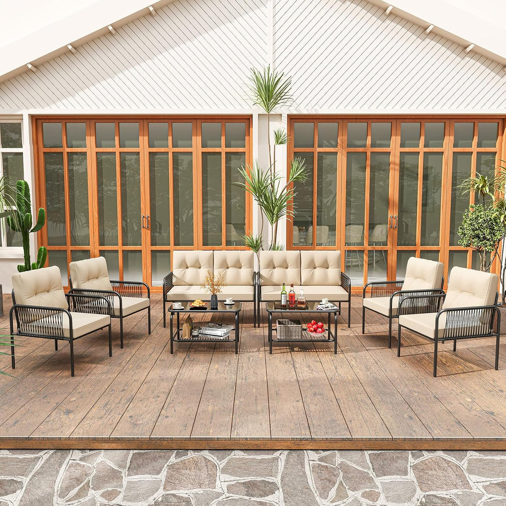 Tangkula 8 Pieces Patio Furniture Set, PE Rattan Sofa Chairs with Loveseat, Tempered Glass Coffee Table and Soft Cushions, Outdoor Conversation Set for Porch, Backyard, Garden and Poolside