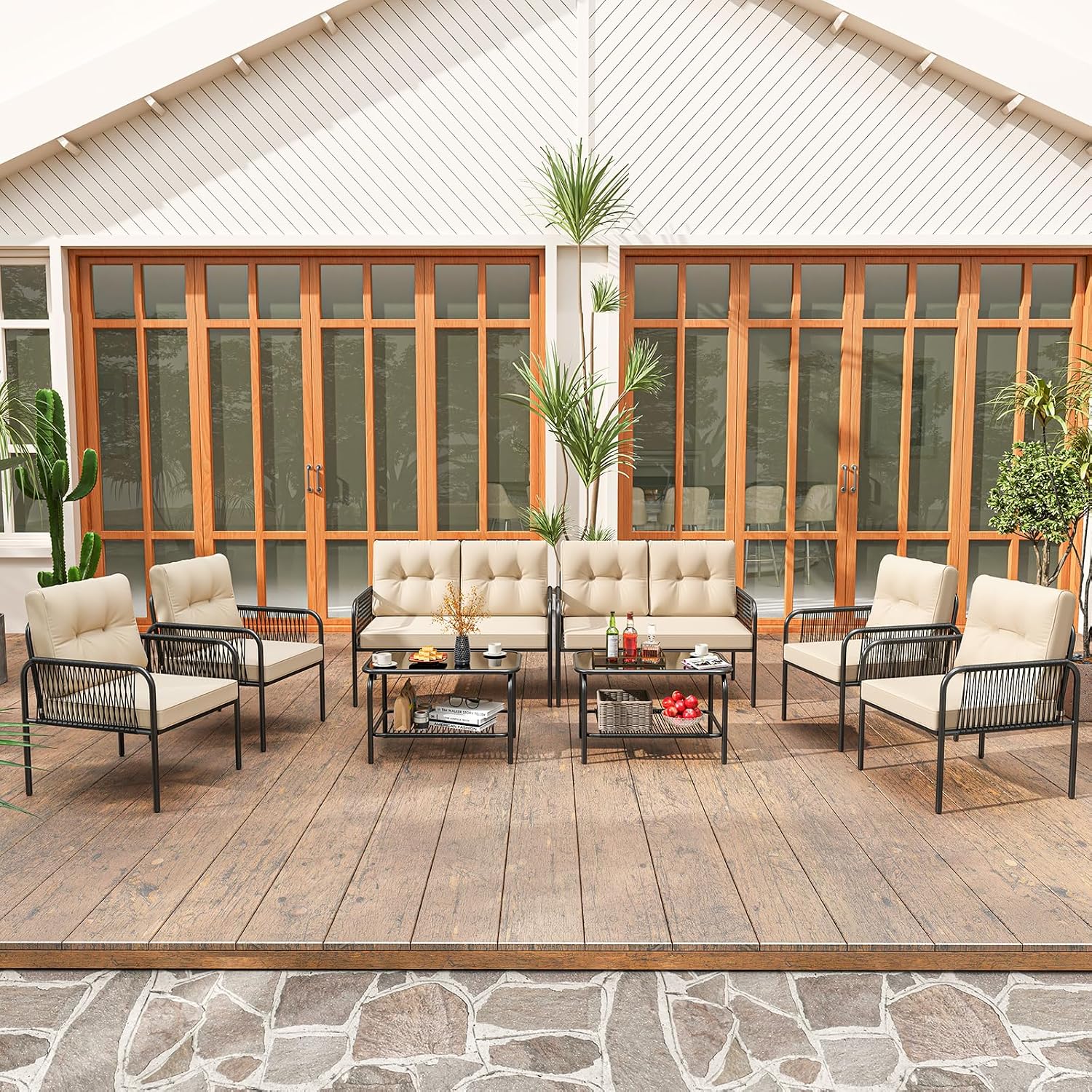 Tangkula 8 Pieces Patio Furniture Set, PE Rattan Sofa Chairs with Loveseat, Tempered Glass Coffee Table and Soft Cushions, Outdoor Conversation Set for Porch, Backyard, Garden and Poolside