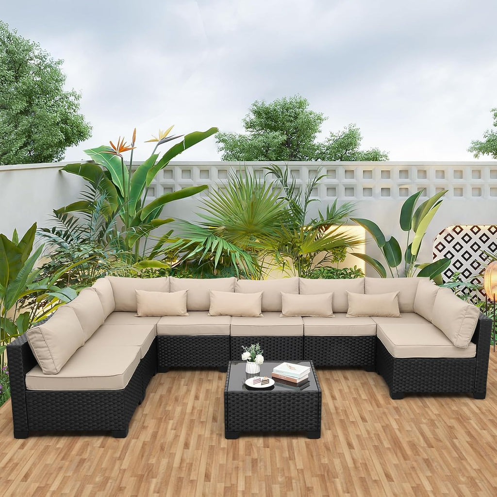 Rattaner 9 Pieces Outdoor Sectional All-Weather Wicker Patio Furniture Set Patio Sectional Glass Patio Table Non-Slip Cushions and Waterproof Covers, Khaki
