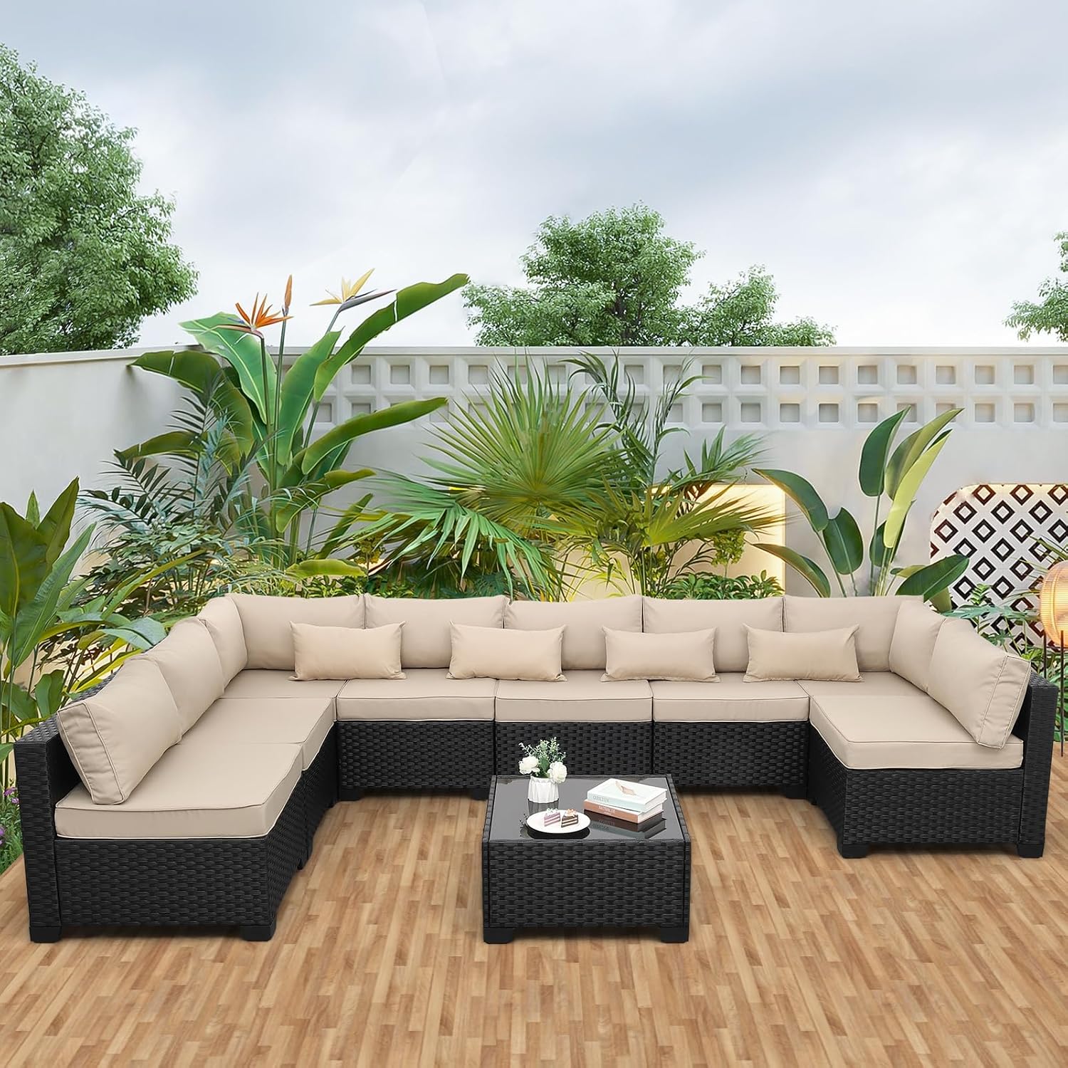 Rattaner 9 Pieces Outdoor Sectional All-Weather Wicker Patio Furniture Set Patio Sectional Glass Patio Table Non-Slip Cushions and Waterproof Covers, Khaki