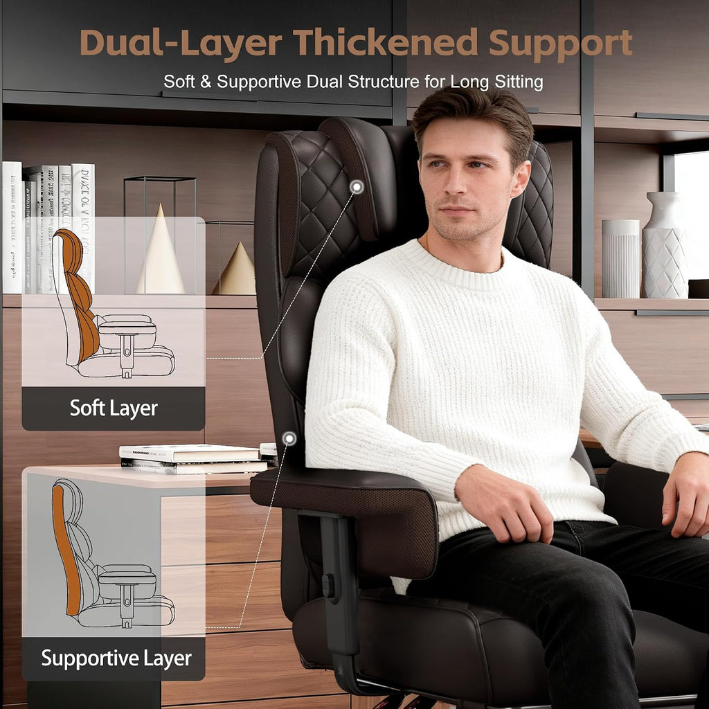 Vonesse Big and Tall Office Chair, Desk Chair with Soft Adjustable Armrests, Ergonomic High Back Gaming Chair with Lumbar Support, Executive Computer Chairs with Footrest (PU Leather, Brown)