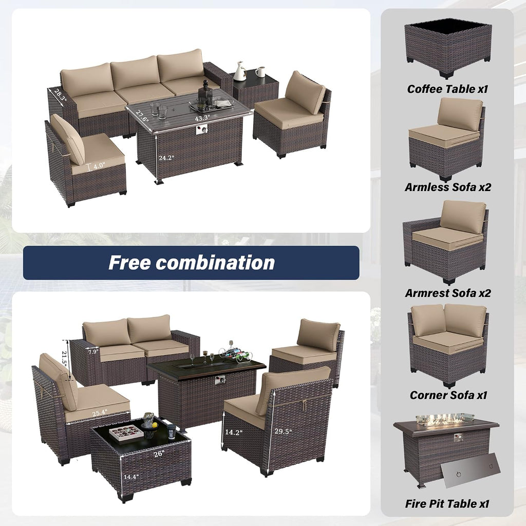 Kurapika 7 Pieces Patio Furniture Set, Rattan Wicker Outdoor Conversation Sets w/43in Propane Fire Pit Table and 4 Inch Cushion(Sand)