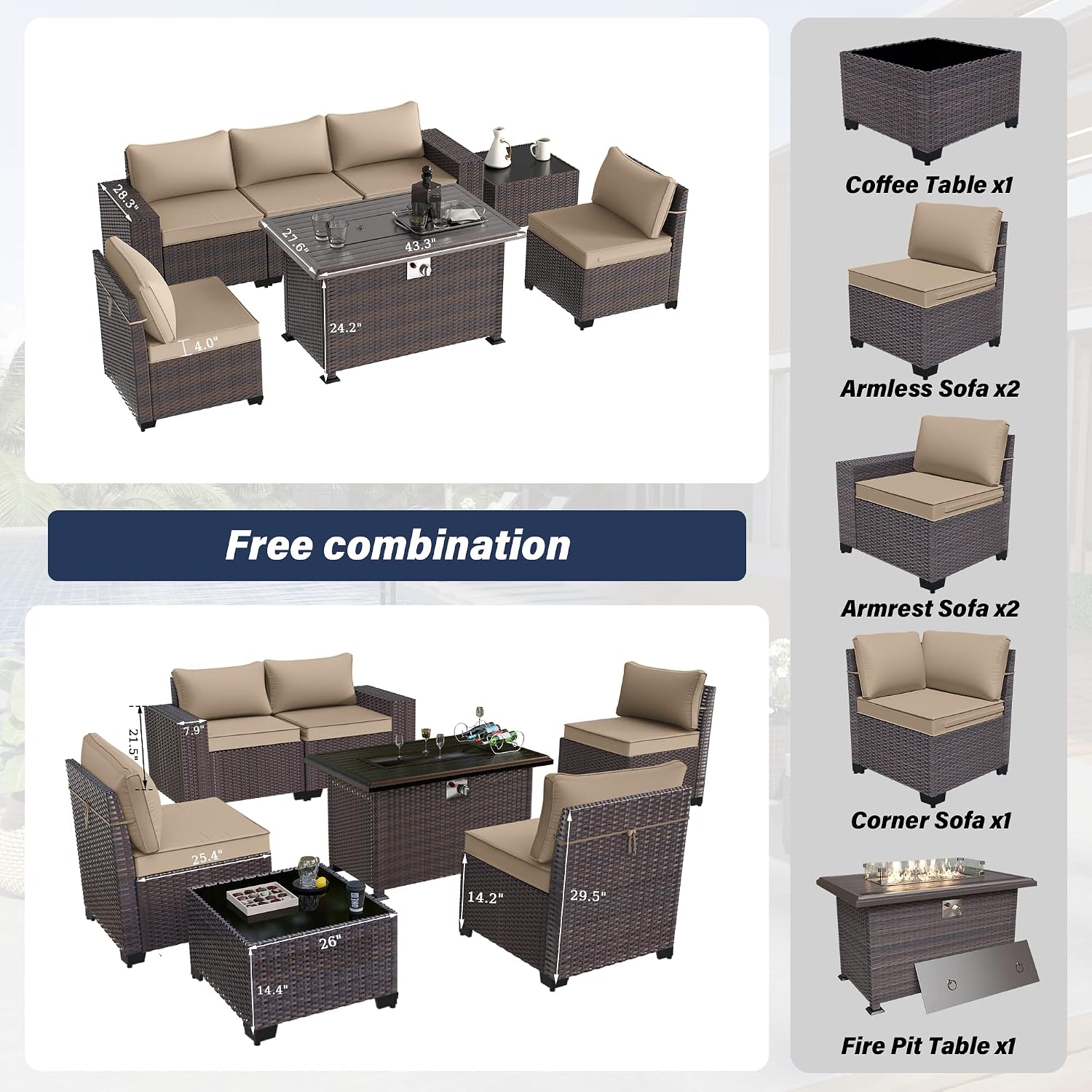 Kurapika 7 Pieces Patio Furniture Set, Rattan Wicker Outdoor Conversation Sets w/43in Propane Fire Pit Table and 4 Inch Cushion(Sand)