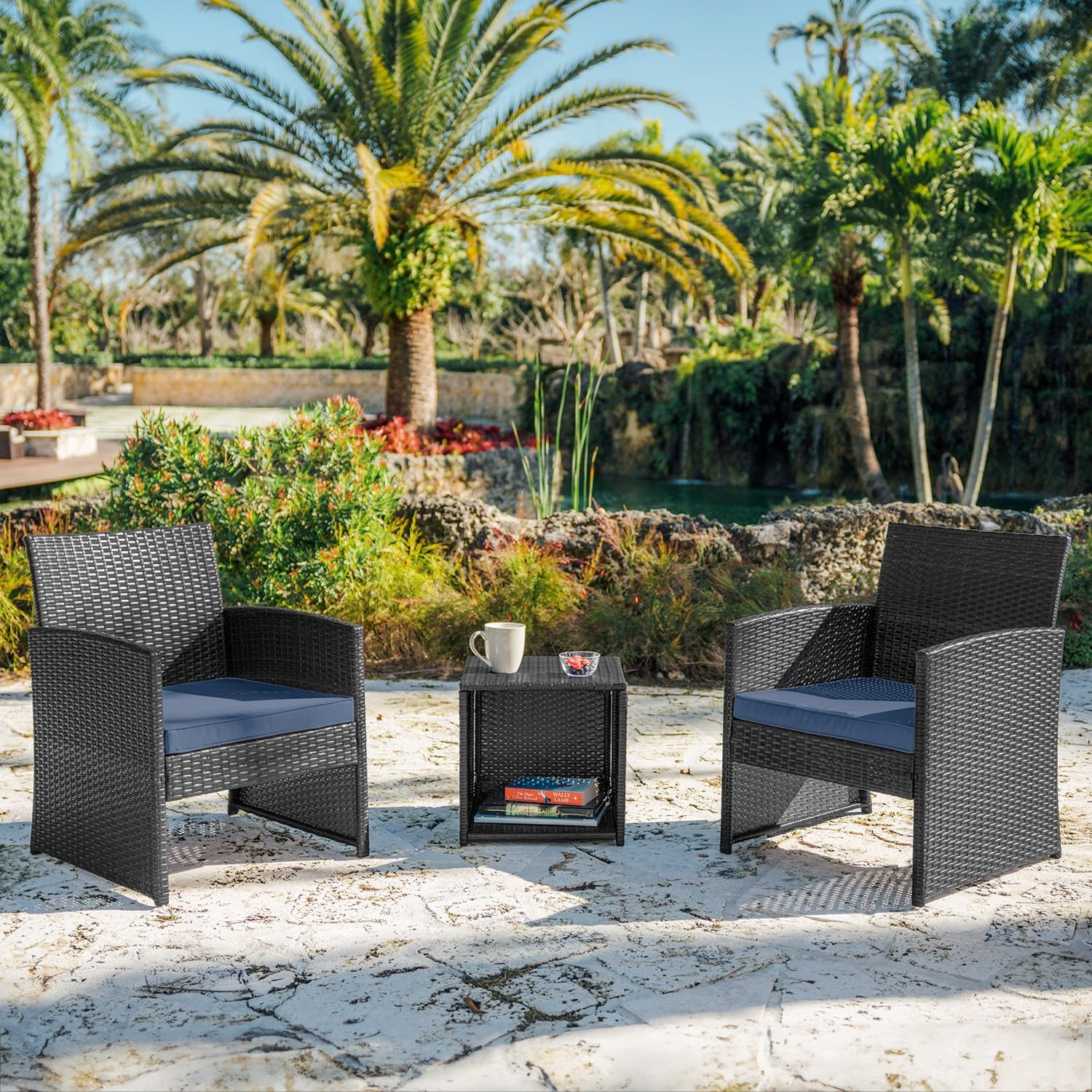 Nestl Wicker Patio Furniture Set - 3 Piece Bistro Table and Chairs Set of 2, Front Porch Furniture Set, Patio Chairs Set of 2, Outdoor Patio Set, Patio Conversation Sets (Grey/Navy)