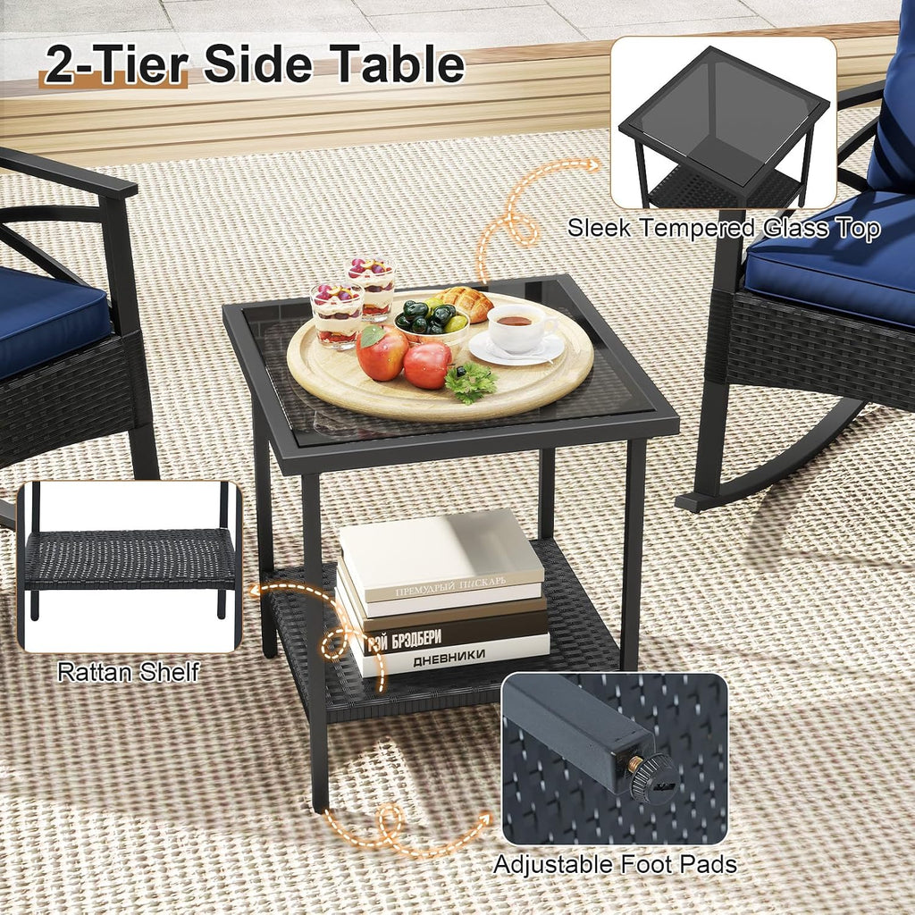 Tangkula 3 Pieces Outdoor Rocking Chairs Set, Rattan Heavy Duty Cushioned Rocker Chairs with 2-Tier Tempered Glass Coffee Table, for Garden, Balcony, Backyard (Black+Navy)