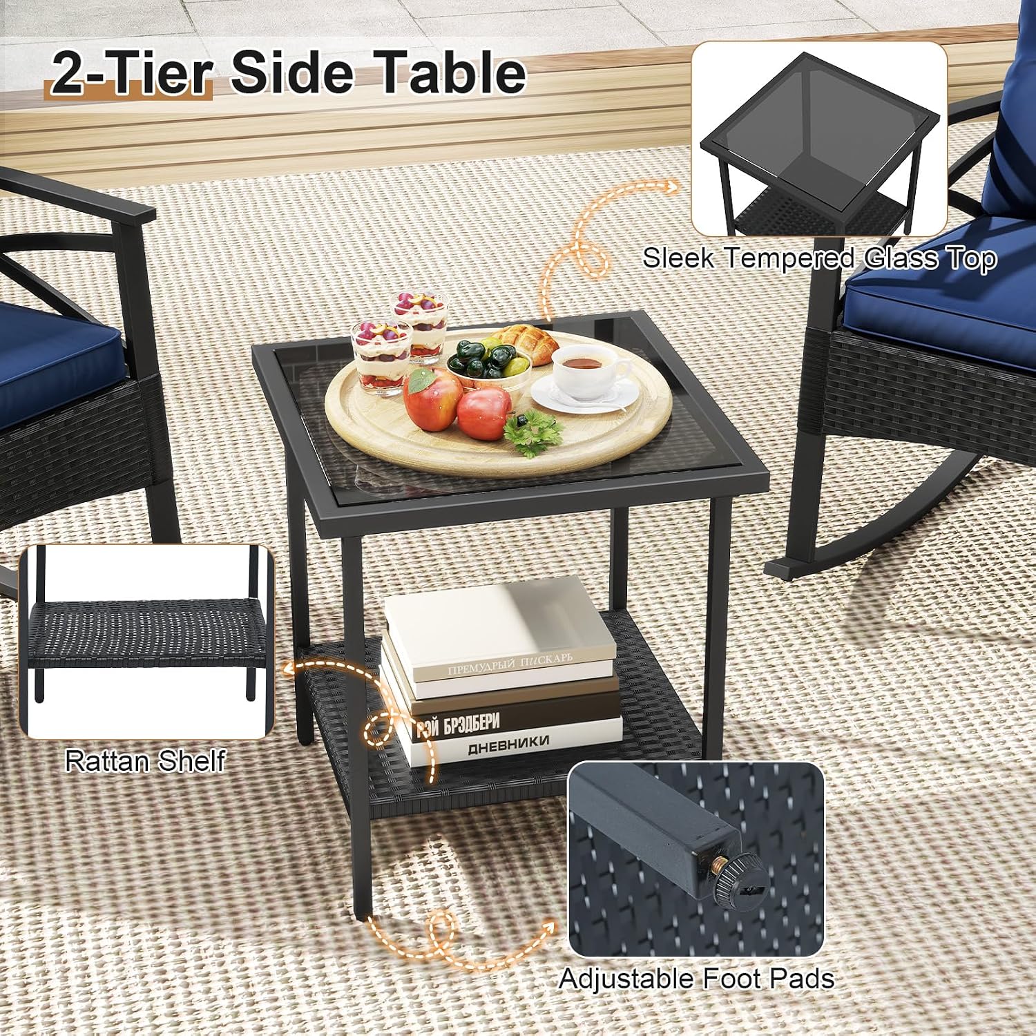 Tangkula 3 Pieces Outdoor Rocking Chairs Set, Rattan Heavy Duty Cushioned Rocker Chairs with 2-Tier Tempered Glass Coffee Table, for Garden, Balcony, Backyard (Black+Navy)
