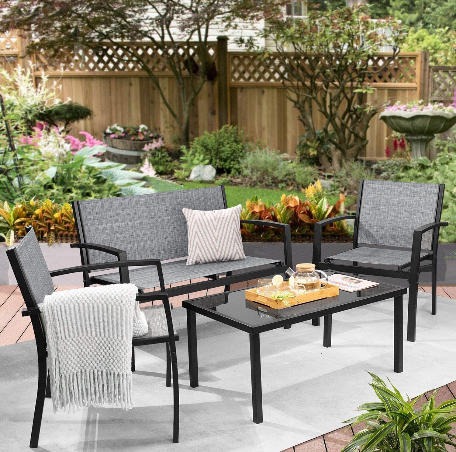 Greesum 4 Pieces Patio Furniture Set, Outdoor Conversation Sets for Patio, Lawn, Garden, Poolside with A Glass Coffee Table, Gray