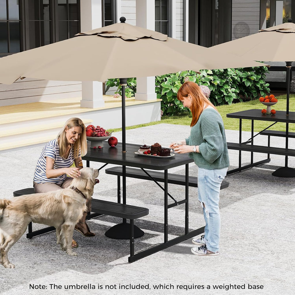 Giantex Picnic Table Bench Set for 4 People, 4.5FT Outdoor Rectangular Dining Table & 2 Benches w/Umbrella Hole, HDPE Tabletop, Metal Frame, Patio Garden Backyard Poolside (4.5FT,Non-Foldable,Black)