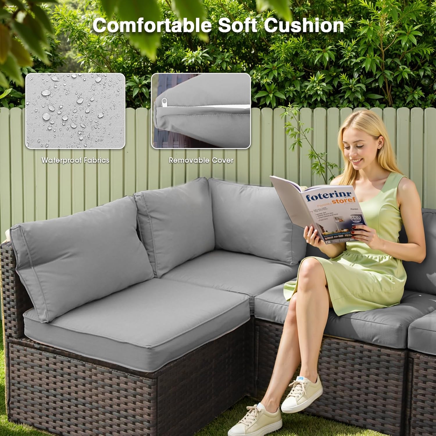 3 Piece Patio Furniture Set All Weather PE Rattan Outdoor Sectional Sofa Couch with No-Slip Cushions and Glass Top Table for Garden, Poolside, Backyard (Gray)