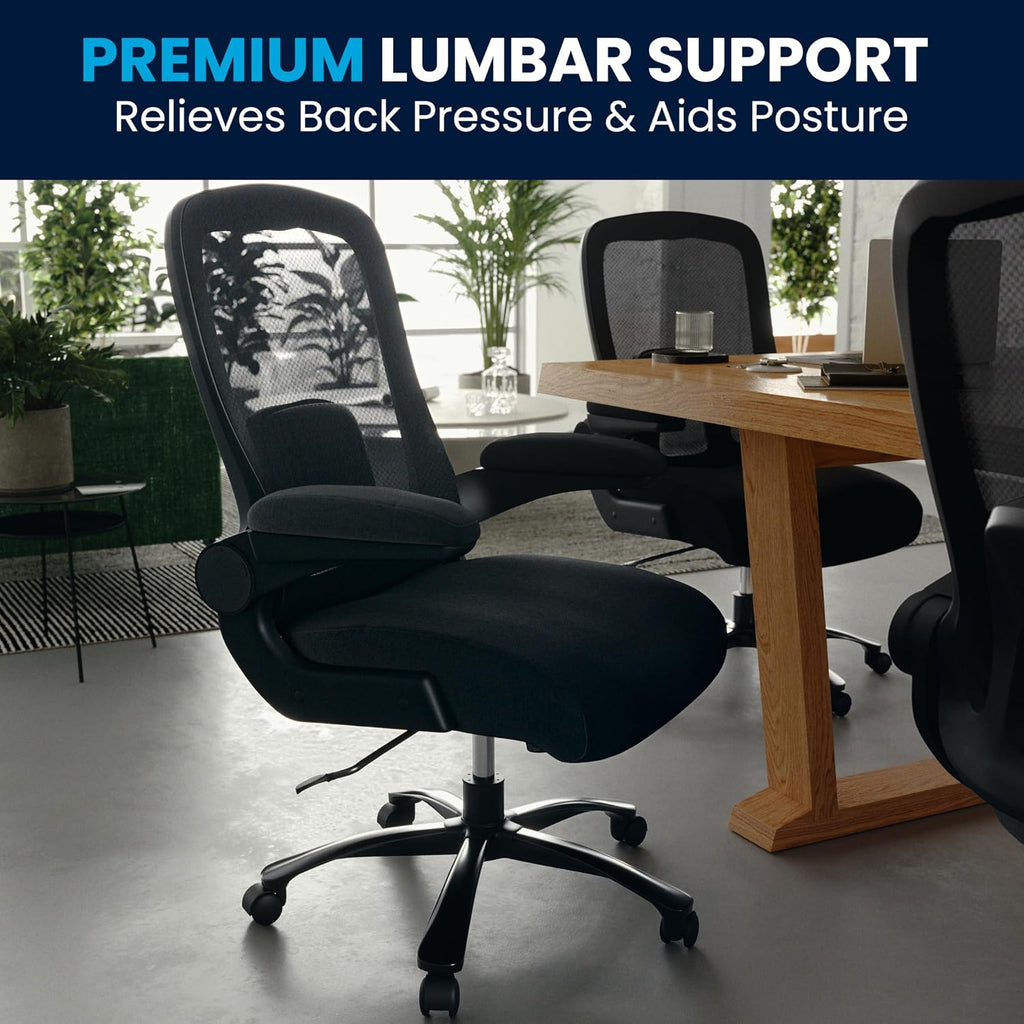 Flash Furniture Big & Tall Swivel Office and Gaming Chair with Lumbar and Back Support, Ergonomic Mesh Office Chair with Flip-Up Armrests and Adjustable Height, Black