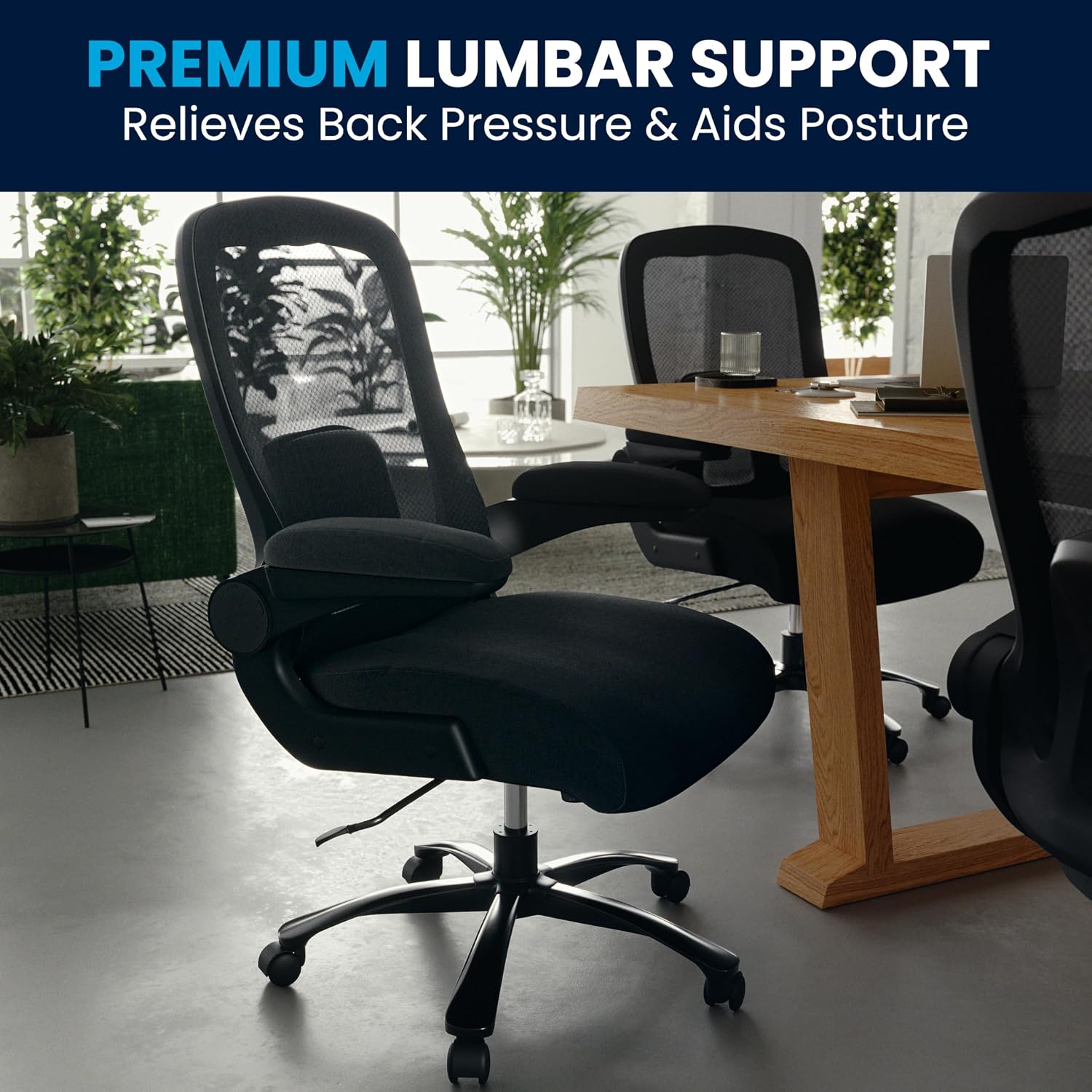 Flash Furniture Big & Tall Swivel Office and Gaming Chair with Lumbar and Back Support, Ergonomic Mesh Office Chair with Flip-Up Armrests and Adjustable Height, Black