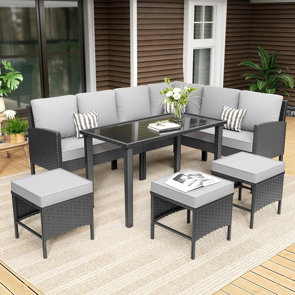 7-Piece Patio Furniture Set with Cushions and Pillows, Outdoor Wicker Sectional Sofa with Long Glass Coffee Table, All-Weather Conversation Set for Garden, Porch, Lawn, Gray