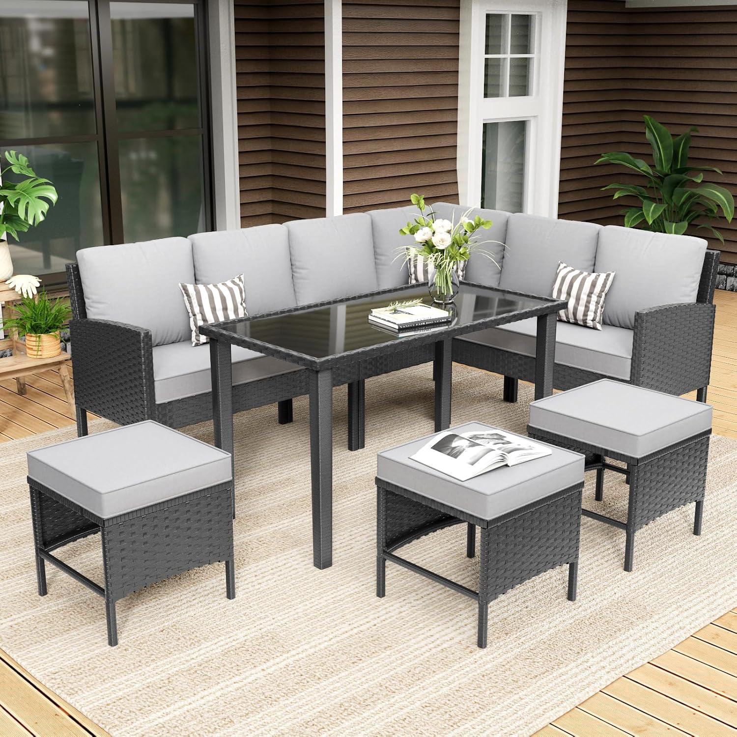 7-Piece Patio Furniture Set with Cushions and Pillows, Outdoor Wicker Sectional Sofa with Long Glass Coffee Table, All-Weather Conversation Set for Garden, Porch, Lawn, Gray
