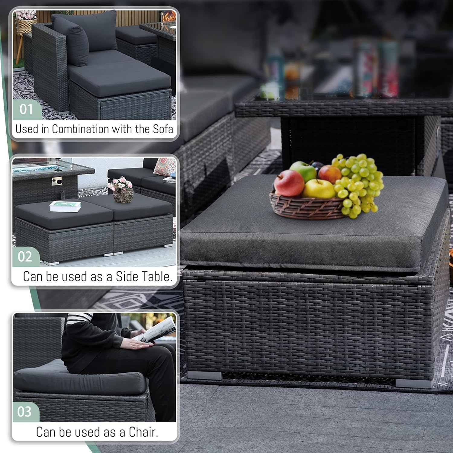 RADIATA 9 Piece Wicker Patio Furniture Set with Fire Pit, All-Weather Outdoor Sectional Couch High Back Large Size, Modular Backyard Seating Sofa Set with Propane/Natural Gas Firepit Table, Dark Grey
