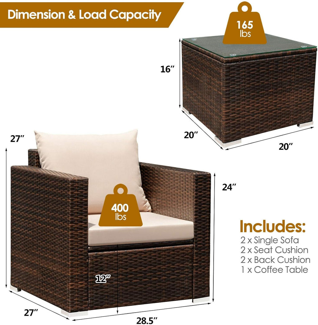 HAPPYGRILL 3PCS Patio Furniture Set with Coffee Table Outdoor Rattan Wicker Conversation Sofa Set with Washable Cushions for Garden Poolside