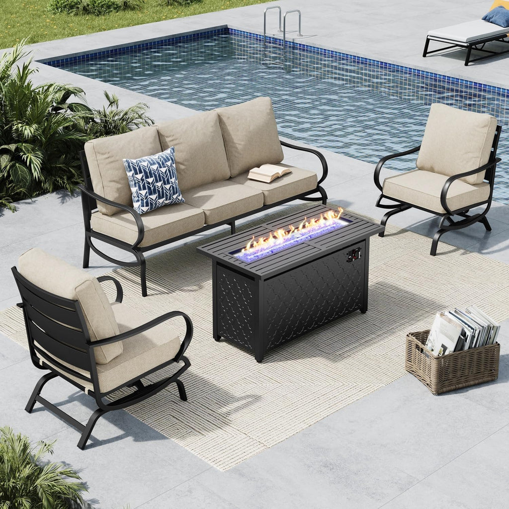 MFSTUDIO 4 Pieces Patio Conversation Sets, All Weather Metal Frame Outdoor Furniture Set Patio Sofas with 1 x 45 Rectangular Propane Fire Table, 1 x 3-Seat Sofa, 2 x Rocking Chairs, Beige Cushion