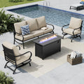 MFSTUDIO 4 Pieces Patio Conversation Sets, All Weather Metal Frame Outdoor Furniture Set Patio Sofas with 1 x 45 Rectangular Propane Fire Table, 1 x 3-Seat Sofa, 2 x Rocking Chairs, Beige Cushion