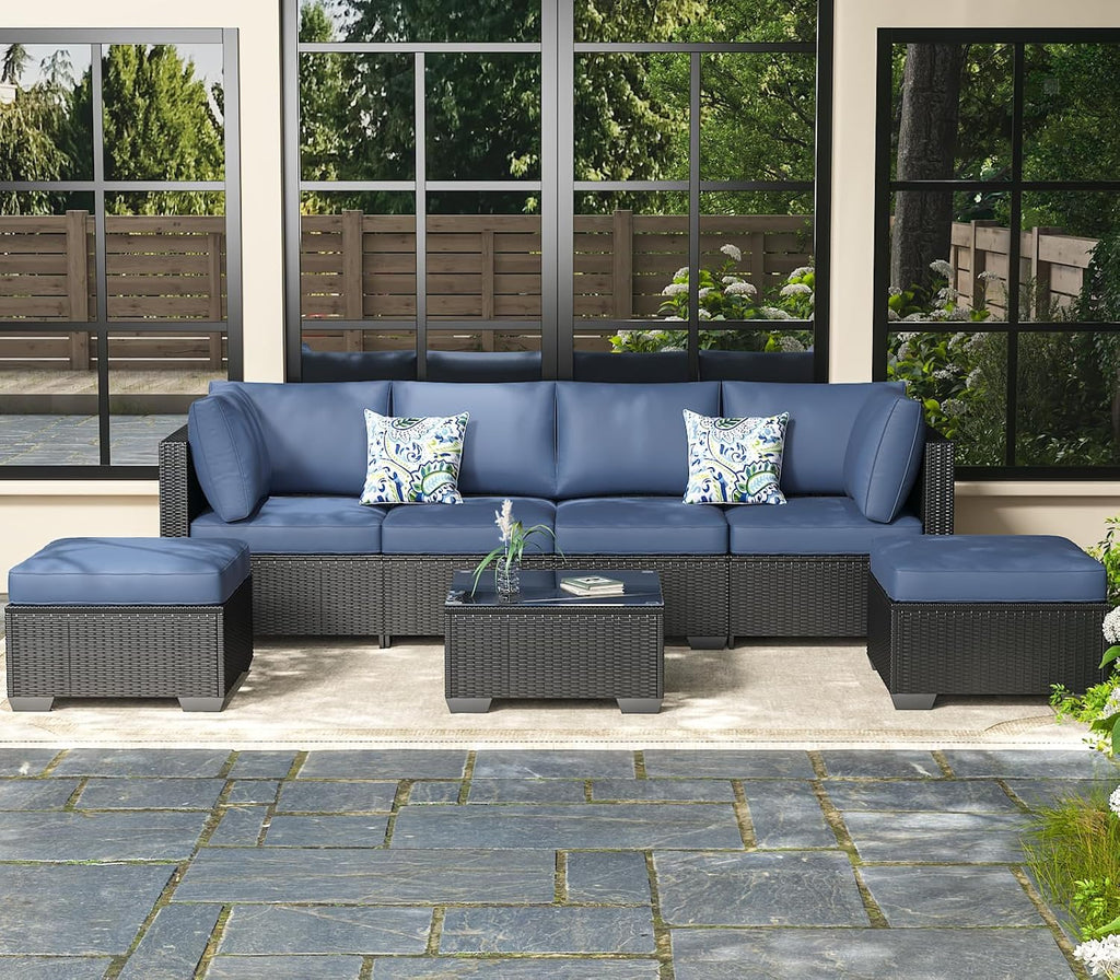 AECOJOY 7 Piece Outdoor Patio Furniture Set, Outdoor Sectional Conversation Furniture Chair with Coffee Table, Patio Sectional for Backyard, Garden(Navy Cushions and Black Rattan, with Cover)