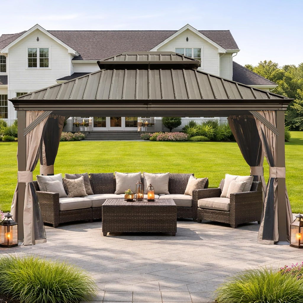 Domi 10' x 13' Outdoor Hardtop Gazebo, Upgraded Metal Gazebo with Galvanized Steel Double Roof, Heavy Duty Canopy Permanent Pavilion for Patio Lawn and Garden, Curtains and Netting Included, Brown