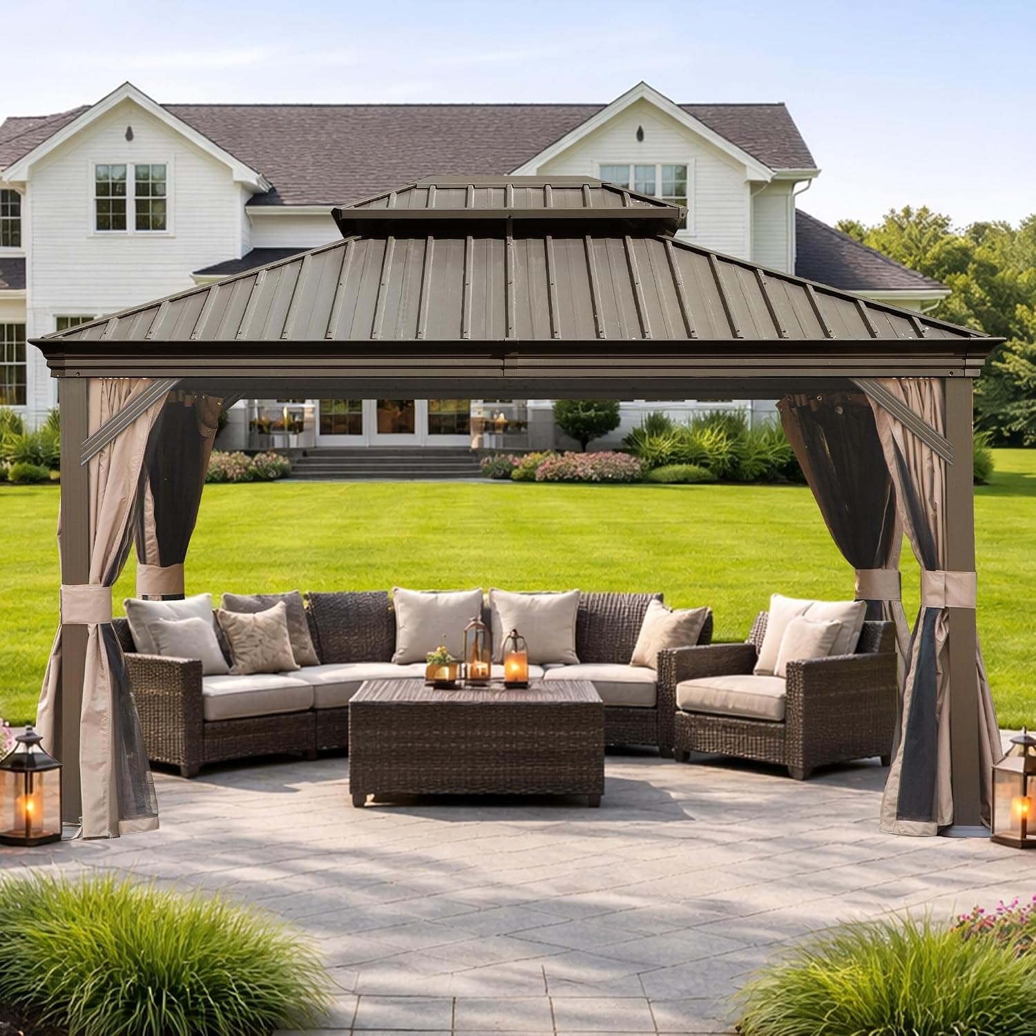 Domi 10' x 13' Outdoor Hardtop Gazebo, Upgraded Metal Gazebo with Galvanized Steel Double Roof, Heavy Duty Canopy Permanent Pavilion for Patio Lawn and Garden, Curtains and Netting Included, Brown