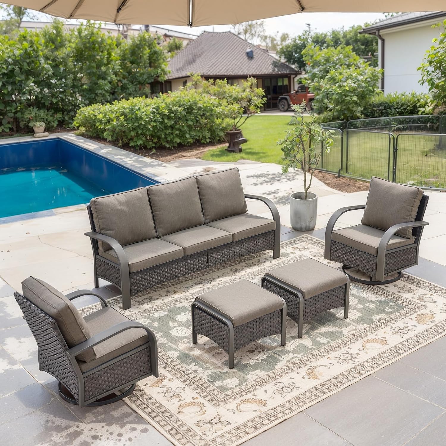 Belord Outdoor Swivel Rocker Patio Chairs Set of 2, 3 Piece Wicker Patio Bistro Set with Metals Side Table and Comfort High Back 4' Cushion Outdoor Patio Glider Chair for Balcony Deck Porch