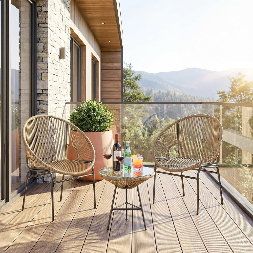 Tangkula 3 Piece Outdoor Patio Furniture Set, Acapulco Chair Set w/Plastic Rope, Tempered Glass Table, All Weather Patio Bistro Set for Patio, Lawn, Garden, Backyard (Brown)