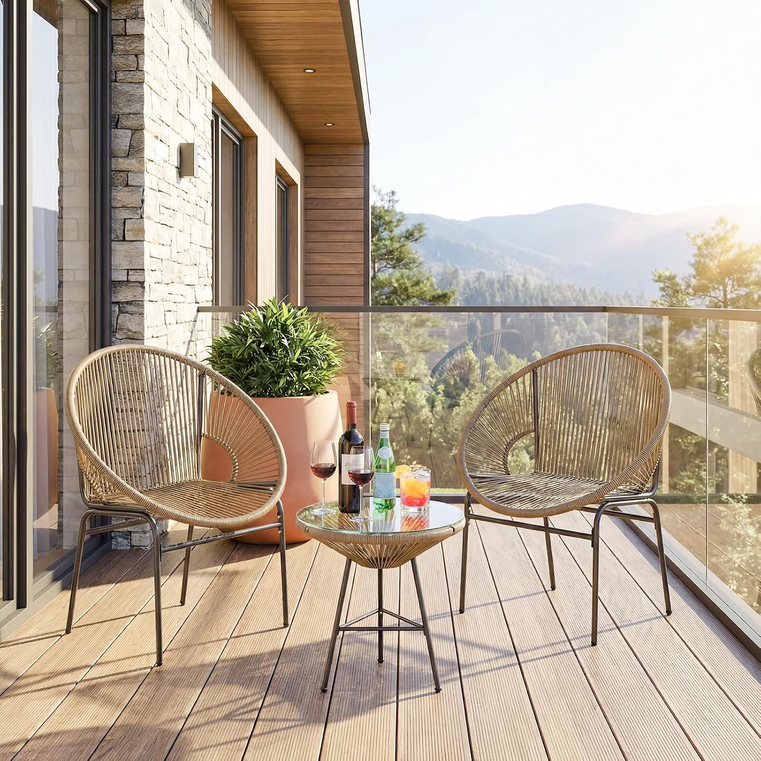 Tangkula 3 Piece Outdoor Patio Furniture Set, Acapulco Chair Set w/Plastic Rope, Tempered Glass Table, All Weather Patio Bistro Set for Patio, Lawn, Garden, Backyard (Brown)