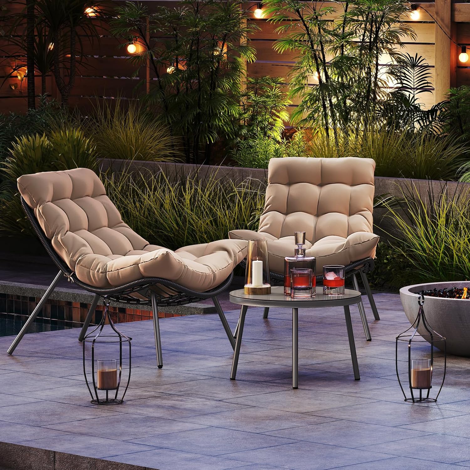 Tangkula 3 Pieces Patio Furniture Set, Outdoor Rattan Wicker Bistro Conversation Set with Cushioned Papasan Chairs and Tempered Glass Coffee Table for Porch, Balcony, Deck and Garden