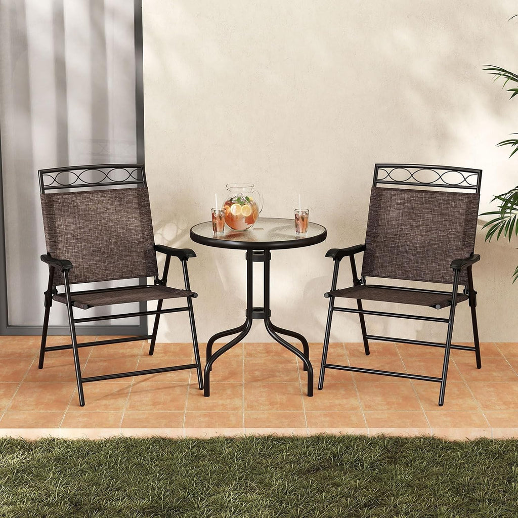 Goplus Bistro Table and Chairs Set of 2, Outdoor 3 Piece Patio Bistro Set with 1.57' Umbrella Hole, Tempered Glass Tabletop, 2 Folding Chairs, Small Patio Furniture Dining Set for Garden, Balcony