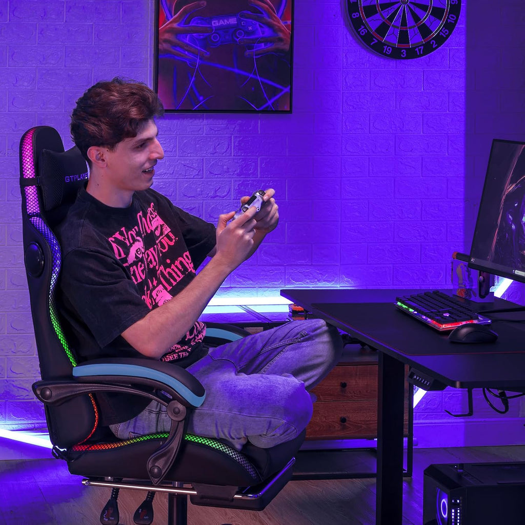 GTPLAYER RGB Gaming Chair with Speakers - LED Computer Game Chair for Adults, PC Home Office Chairs with Footrest & Lights, Reclining Desk Chairs, Blue