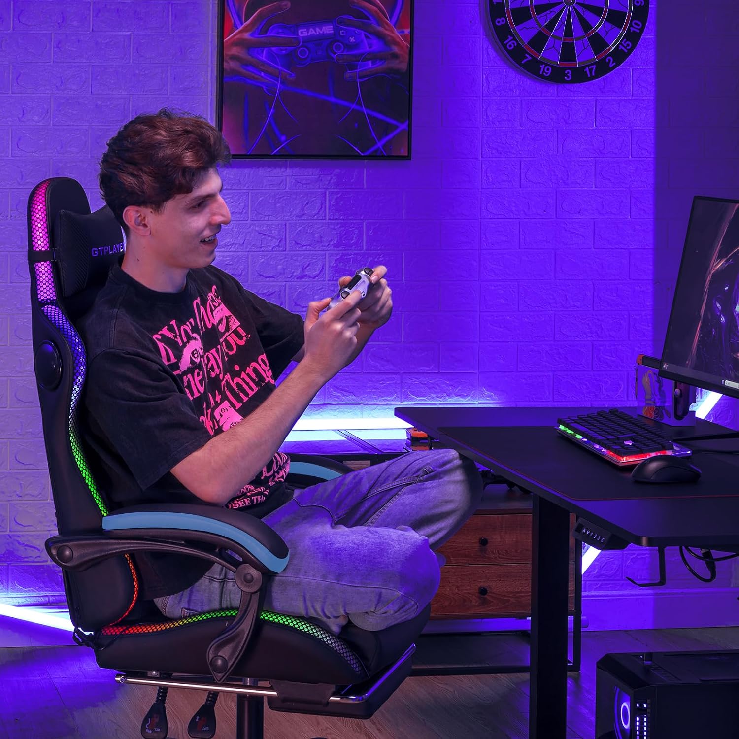 GTPLAYER RGB Gaming Chair with Speakers - LED Computer Game Chair for Adults, PC Home Office Chairs with Footrest & Lights, Reclining Desk Chairs, Blue