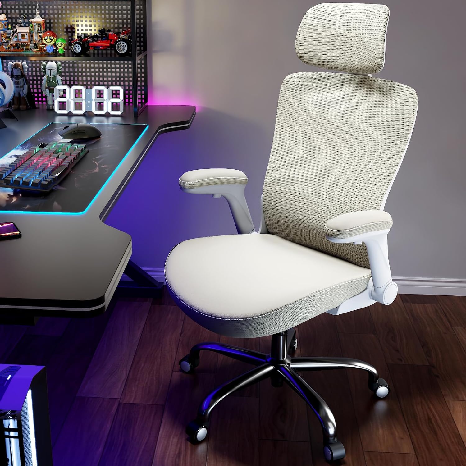Ergalithic Office Home Ergonomic Desk Chair-Computer X-Shaped Chair Mesh PU Leather with Adjustable Lumbar Support-Executive Chair High Back with Headrest Flip-Up Arms for Long Hours (Beige)
