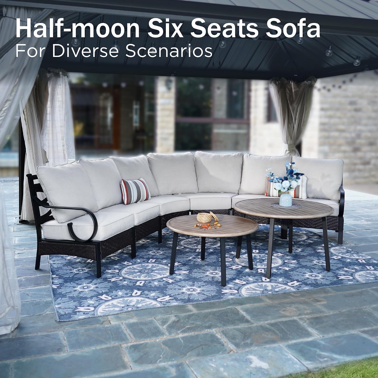 PHI VILLA Half-Moon Patio Furniture Set 8 Piece, Curved Outdoor Sectional Sofa Conversation Sets for 6 Persons with 2 Coffee Table for Garden, Poolside, Balcony, Backyard