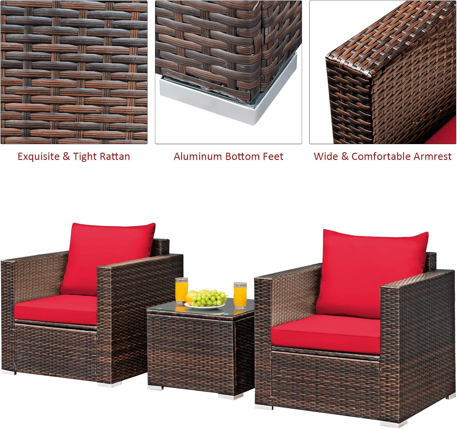 Tangkula 3 Pieces Patio Furniture Set, Outdoor Conversation Rattan Furniture Set w/Washable Cushion and Tempered Glass Tabletop, PE Rattan Wicker Sofa Set for Garden Poolside Balcony