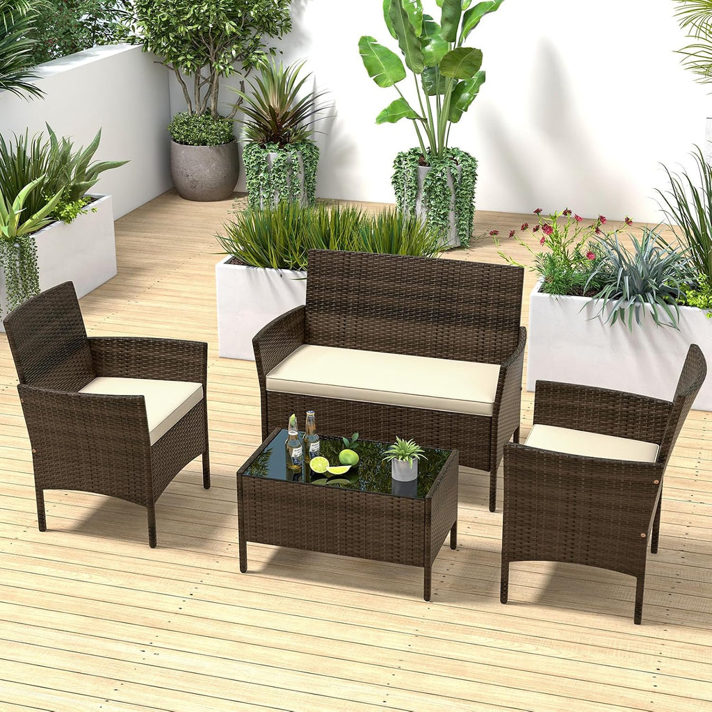 RELAX4LIFE 4-Piece Patio Furniture Set - Rattan Outdoor Conversation Bistro Set w/Cushions, Glass Coffee Table, Wicker Chairs & Loveseat for Garden Backyard Porch, Balcony Furniture Set (1, Beige)