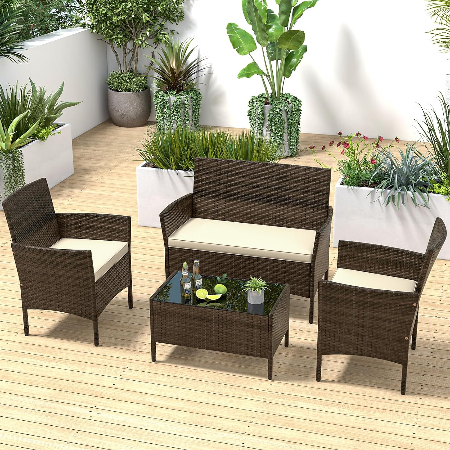 RELAX4LIFE 4-Piece Patio Furniture Set - Rattan Outdoor Conversation Bistro Set w/Cushions, Glass Coffee Table, Wicker Chairs & Loveseat for Garden Backyard Porch, Balcony Furniture Set (1, Beige)
